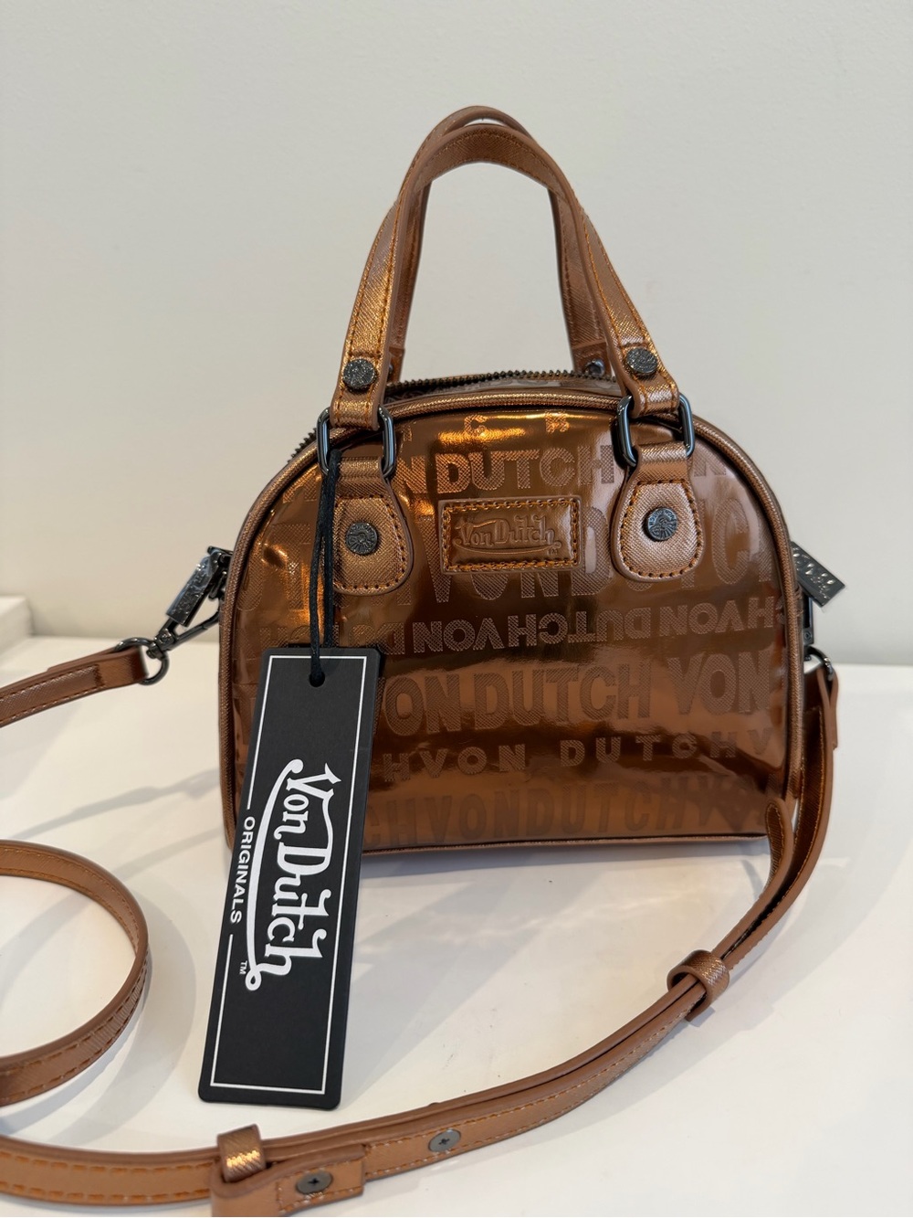 Von Dutch Metallic Brown Mini Dome Crossbody Satchel